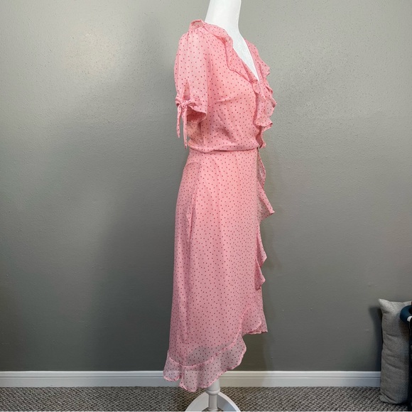 Lulu’s Pink Polka dot Flirty Ruffle Wrap Dress Retro 40s 50s style zipper small - Picture 5 of 12